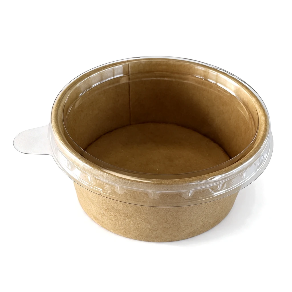 Pot en carton kraft fermé par son couvercle transparent à languette
