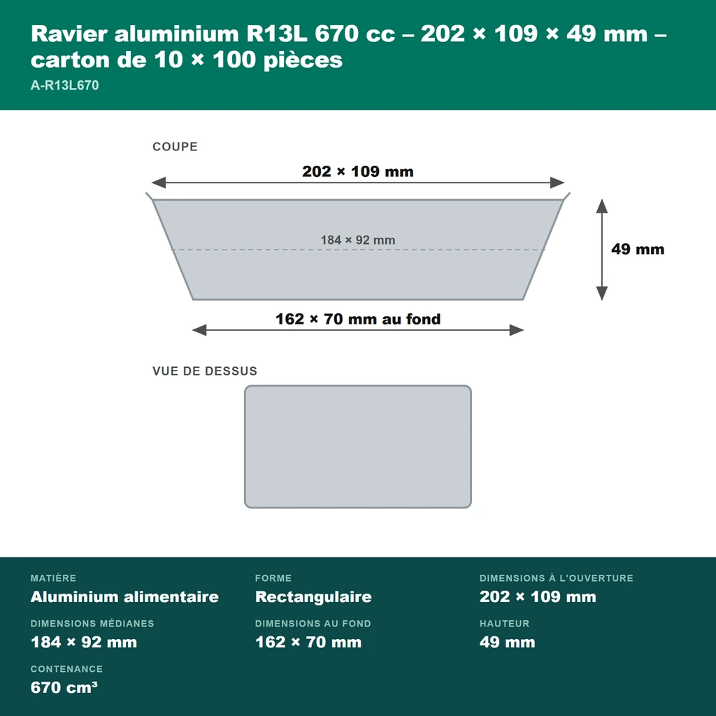 Cotes du ravier aluminium allongé 670 cc : 202 × 109 mm à l'ouverture, 162 × 70 mm au fond, 49 mm de haut