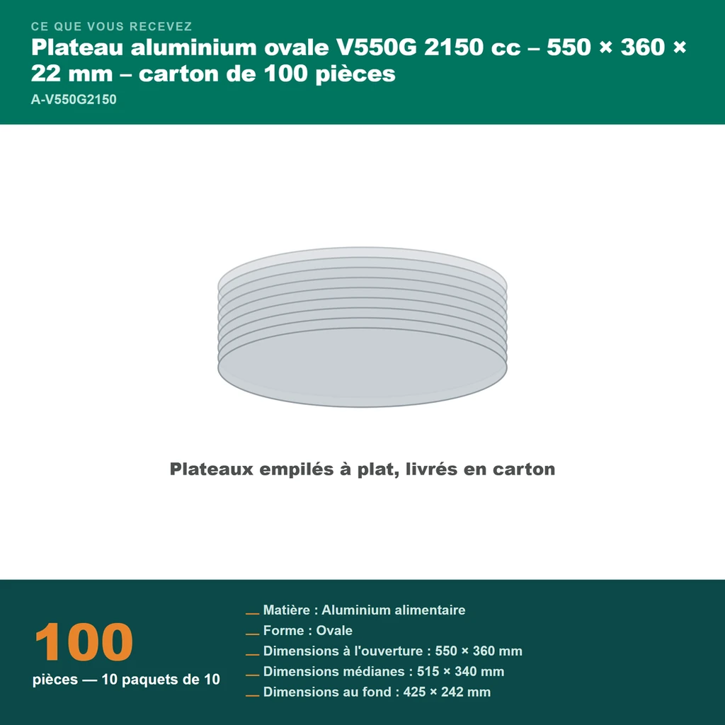 Colisage du plateau aluminium ovale 55 cm : carton de 100 pièces en 10 paquets de 10