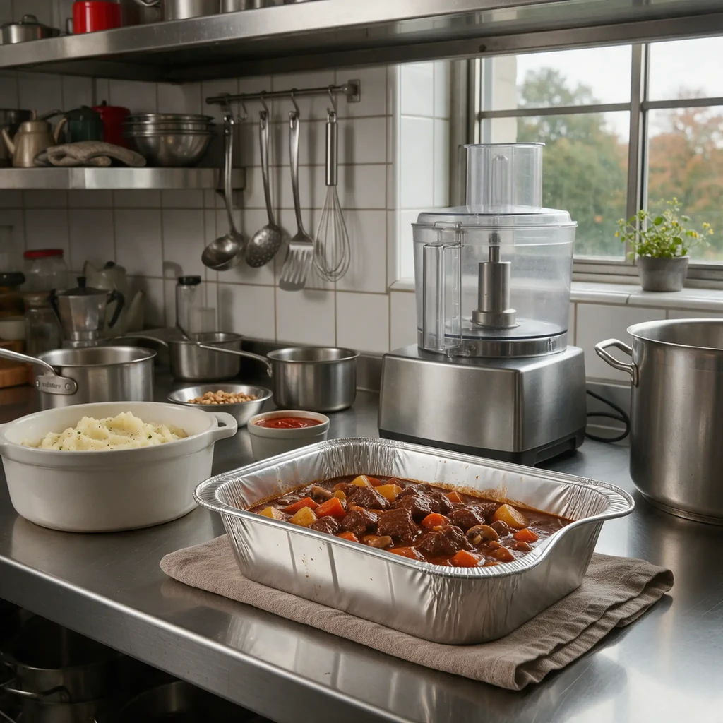 Ravier aluminium allongé 670 cc rempli d'un mijoté de viande et de légumes en cuisine professionnelle