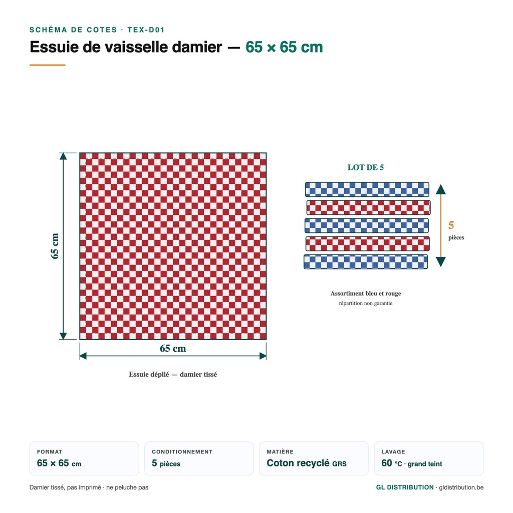 Essuie de vaisselle 65 x 65 cm - schema de cotes, lot de 5 en coton recycle GRS lavable a 60 degres