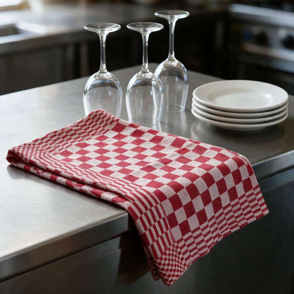 Torchon de cuisine damier rouge en service - sechage de la verrerie sur plan inox en cuisine professionnelle