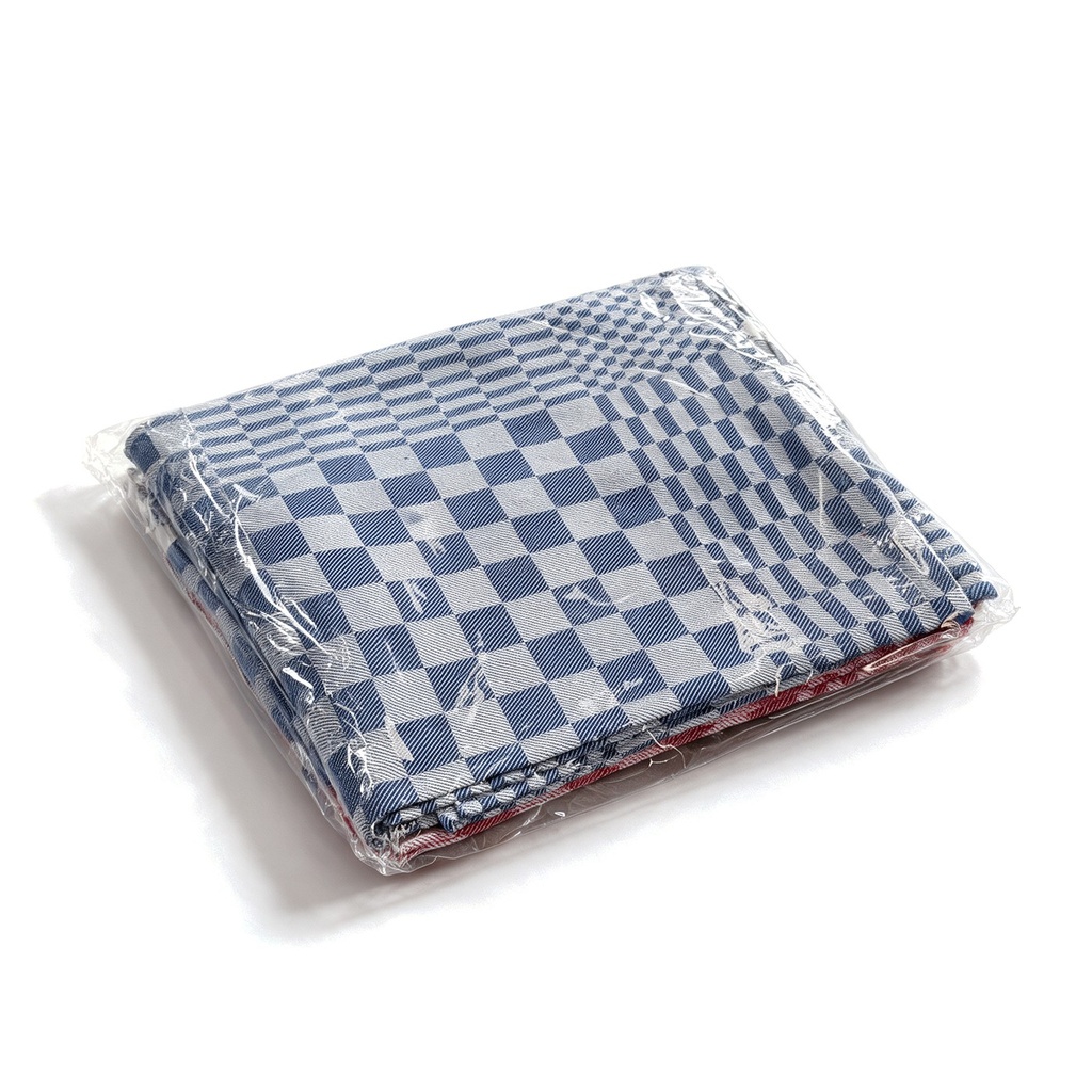 Lot de 5 essuies de cuisine 65 x 65 cm sous film - assortiment damier bleu et rouge en coton recycle