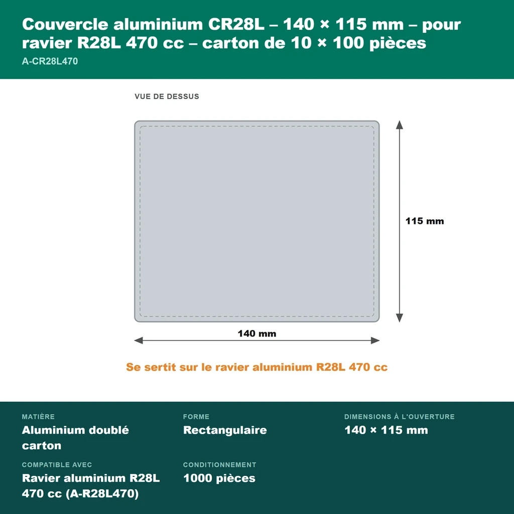 Dimensions du couvercle aluminium CR28L : 140 × 115 mm, carton de 1000 pièces