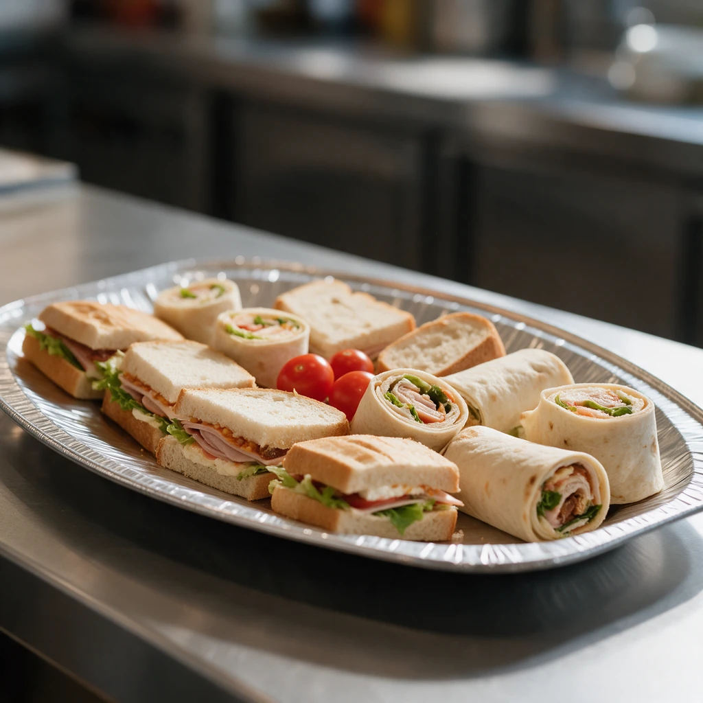 Plateau aluminium ovale 43 cm garni de sandwiches et de wraps pour un plateau-repas d'entreprise