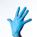 Gant nitrile jetable bleu taille S porté, dos de la main — contact alimentaire HACCP
