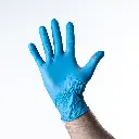 Gant nitrile jetable bleu taille S porté, paume — sans poudre, sans latex