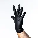 Gant nitrile jetable noir taille L porté, dos de la main — contact alimentaire HACCP