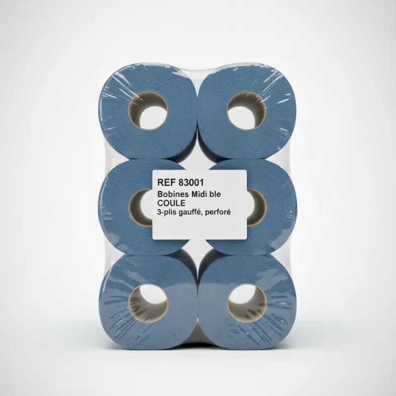 Papier d'essuyage à dévidage central bleu F&G, rouleau vu de dessus