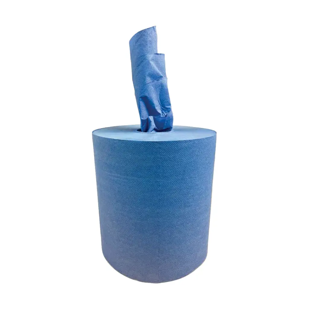 Rouleau de papier d'essuyage bleu à dévidage central, feuille amorcée