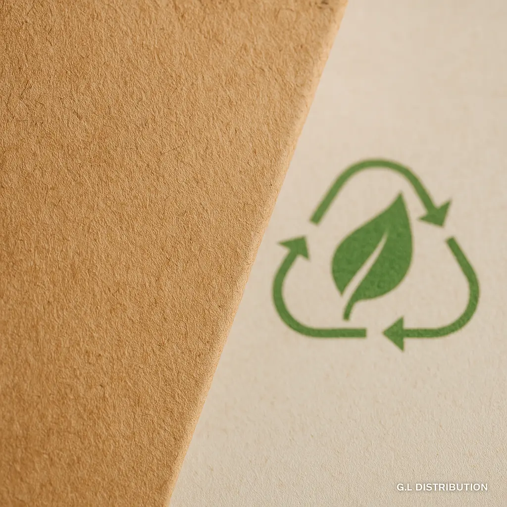 Détail de la matière : papier kraft recyclé brun 70 g/m² et pictogramme de recyclage