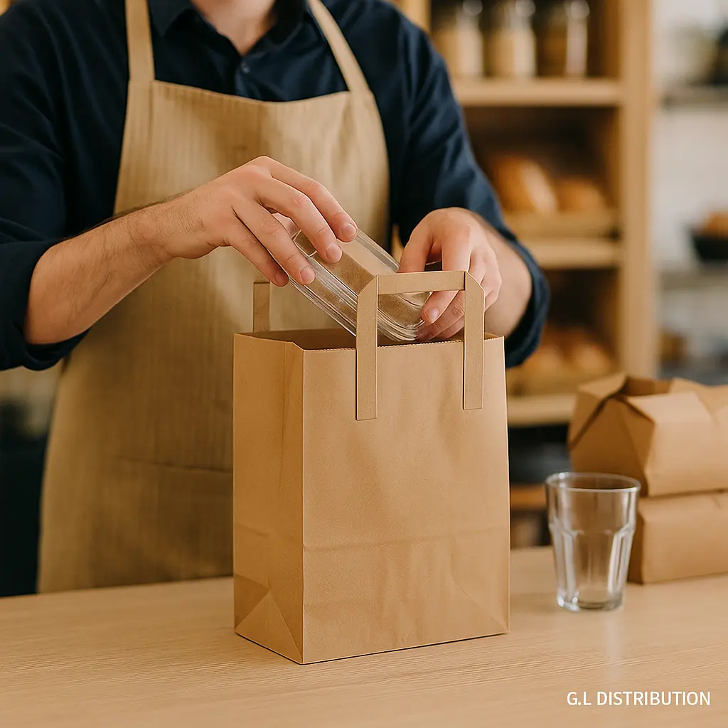 Commande glissée dans un sac bretelle papier kraft F&G au comptoir d'une boulangerie