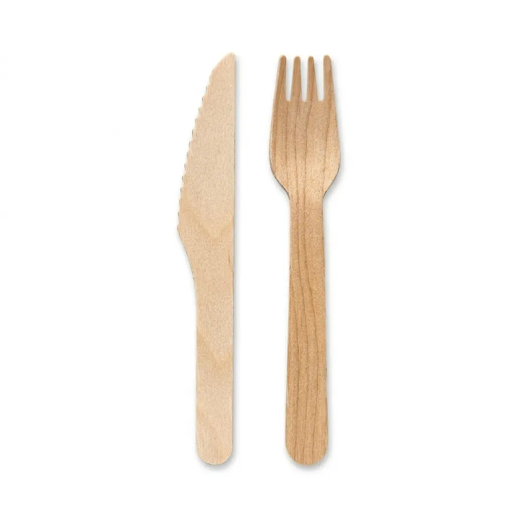 Holzbesteck-Set + weiße Serviette 3/1 - 250 Stk