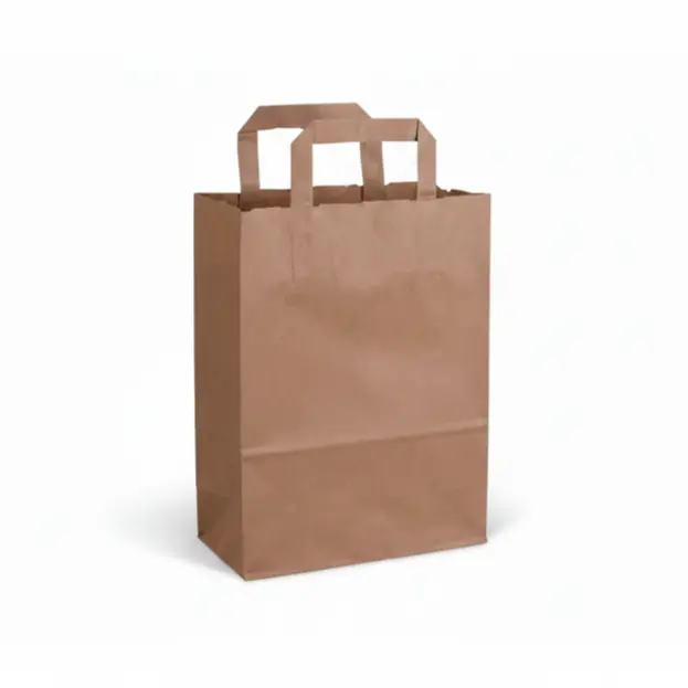 Sacs bretelles papier kraft recyclé F&G, 70 gr, 22 x 11 x 28 cm, poignée plate – 250 pcs – emballage alimentaire