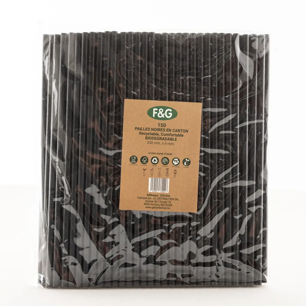 Paille en carton noir 230×6 mm – Carton de 20×150pcs (3000 pcs)