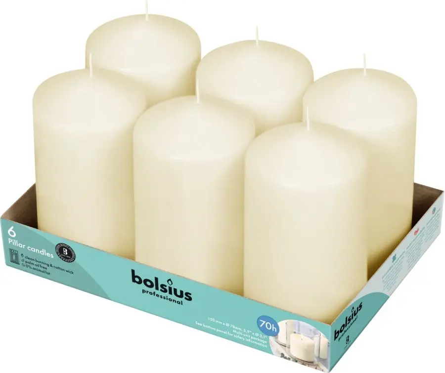 Bougies cylindres lisses Ivoire Bolsius 70h 150mm x 78mm 6PCS