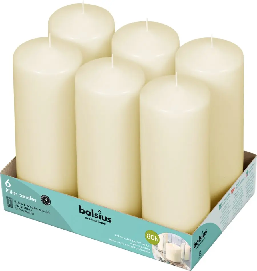 Bougies cylindres lisses Ivoire Bolsius 80h 200mm x 68mm 6PCS