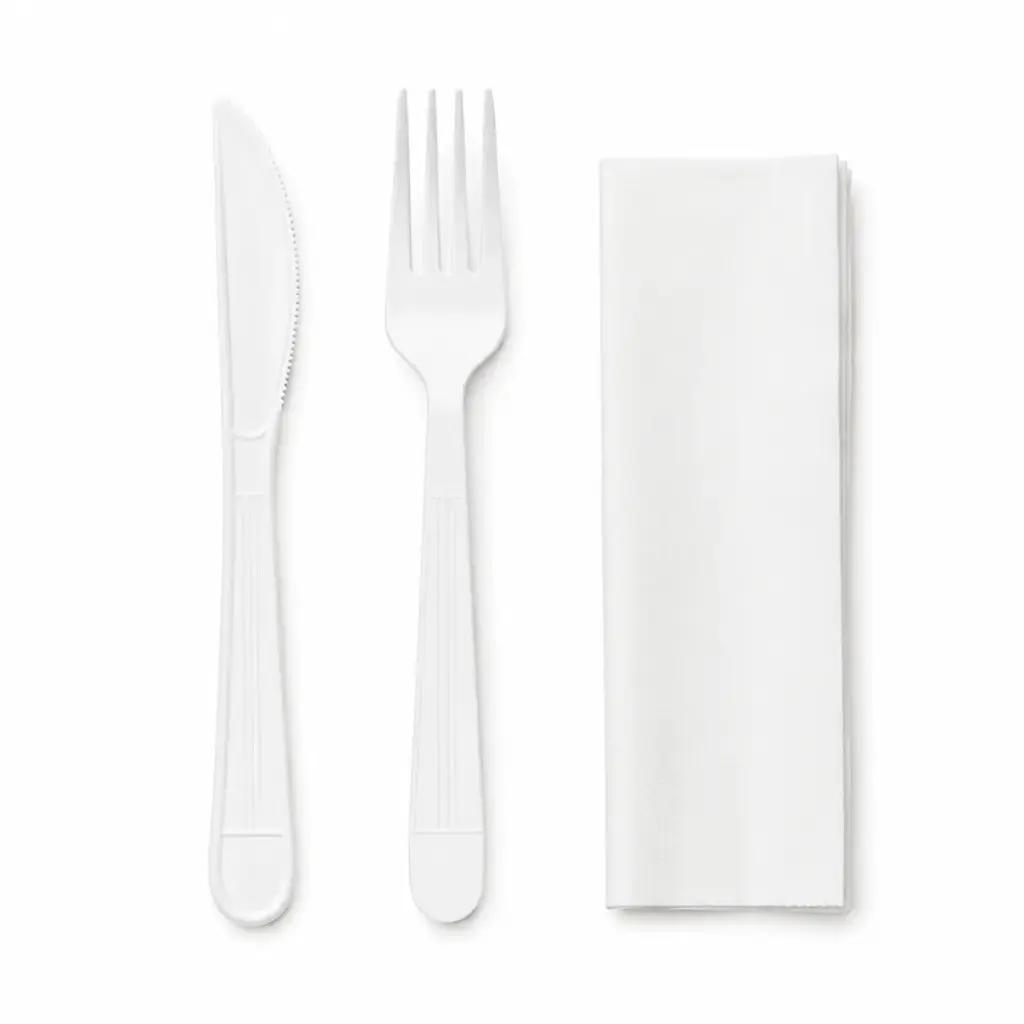 Set herbruikbare kunststof bestek wit - vork + mes + servet - 250 stuks