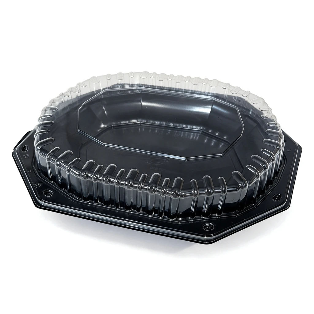 Achteckige schwarze Cateringplatte 35 cm mit Deckel – 5 × 10 Stück