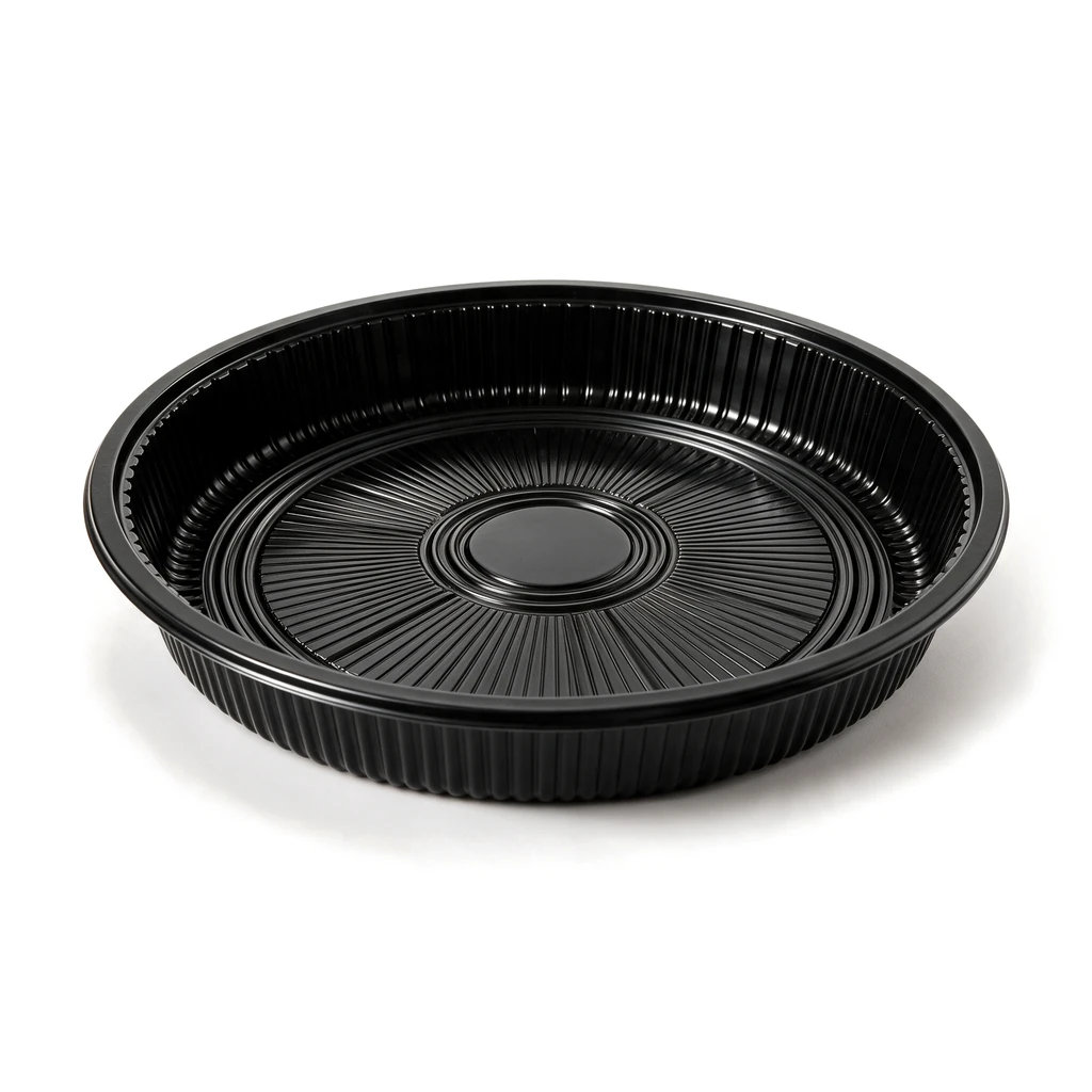 Plateau à sushi rond noir PS + couvercle – Ø 330 × 60 mm – 120 pièces
