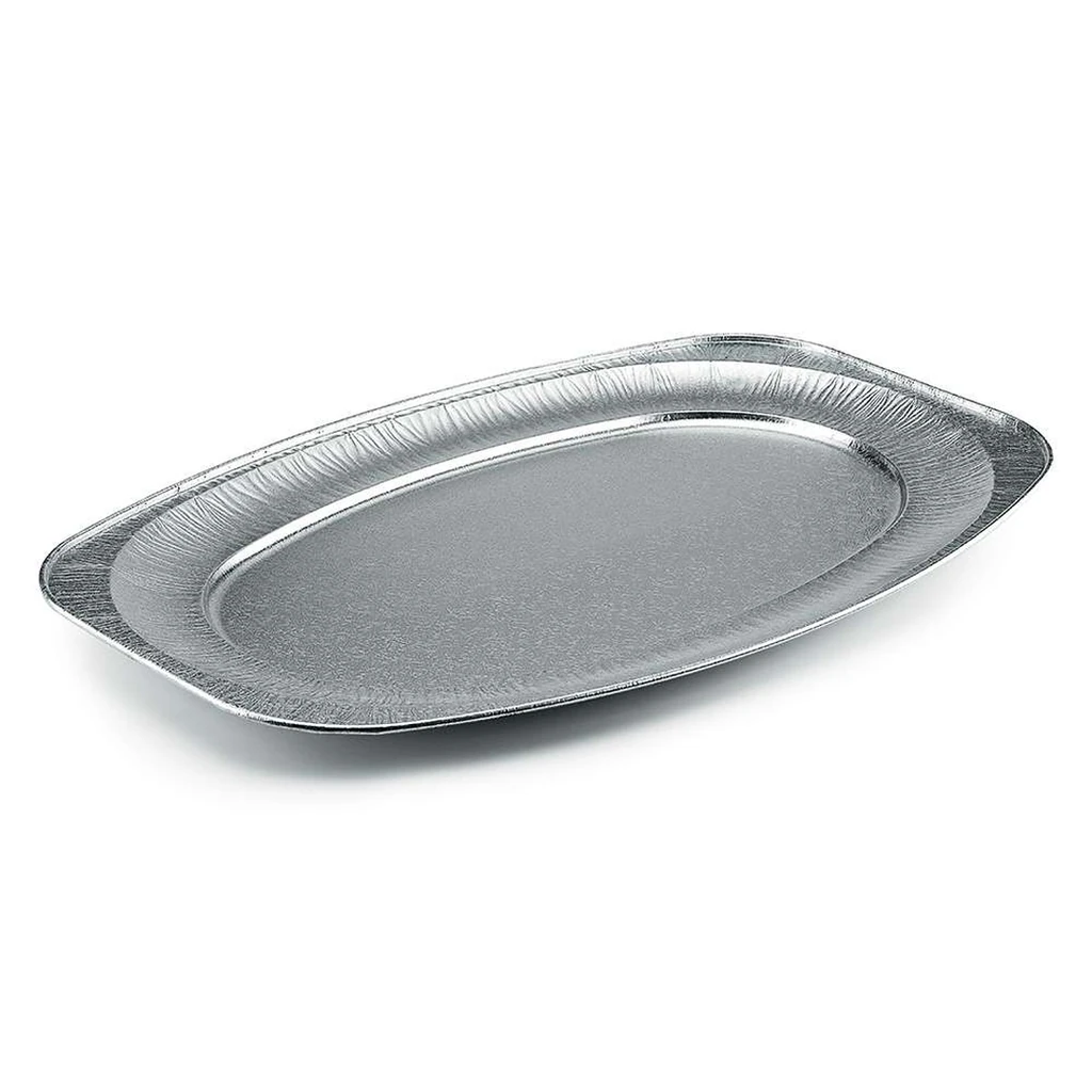 Oval aluminium platter V550G 2150 cc – 550 × 360 × 22 mm – box of 100 pieces