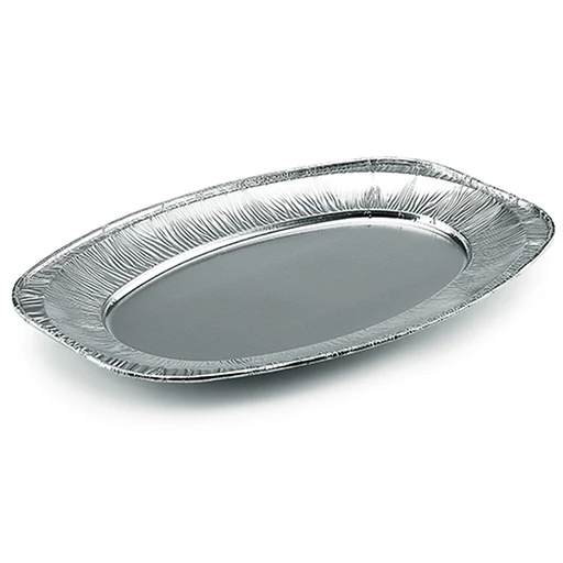 Oval aluminium platter V330G 760 cc – 332 × 228 × 22 mm – box of 100 pieces