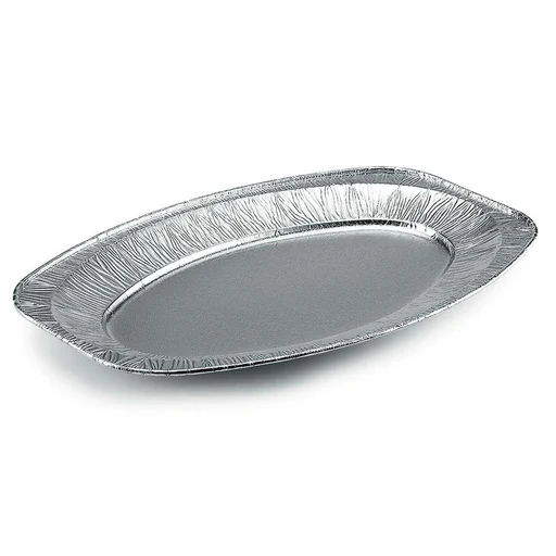 Oval aluminium platter V430G 1800 cc – 430 × 286 × 25 mm – box of 100 pieces
