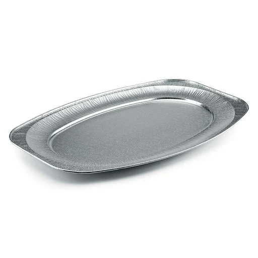 Oval aluminium platter V550G 2150 cc – 550 × 360 × 22 mm – box of 100 pieces